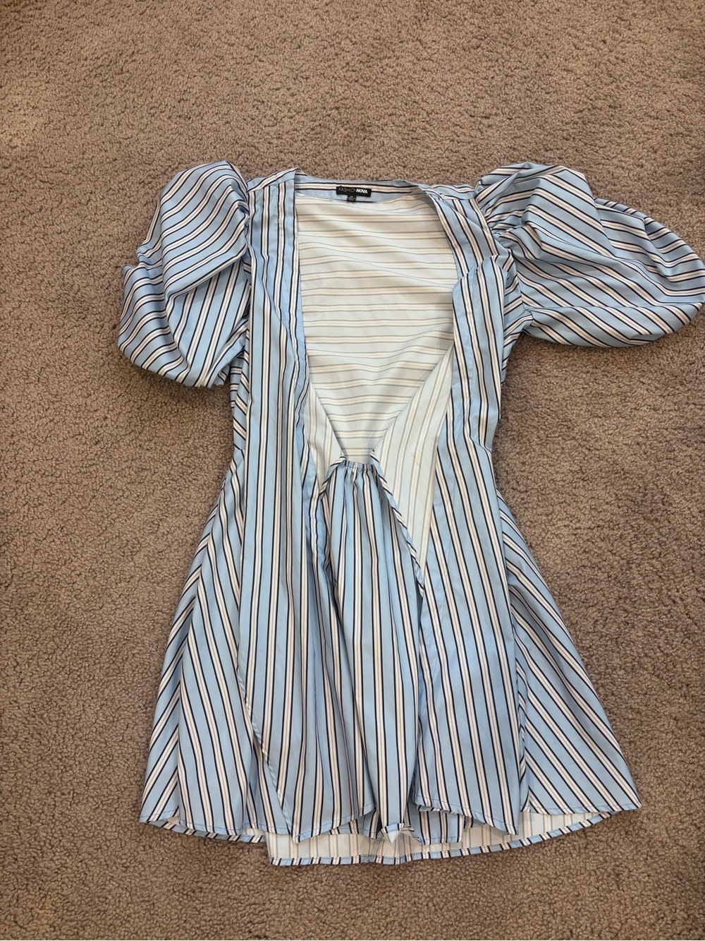 Fashion Nova Blue and White Striped Puff-Sleeve Mini Dress